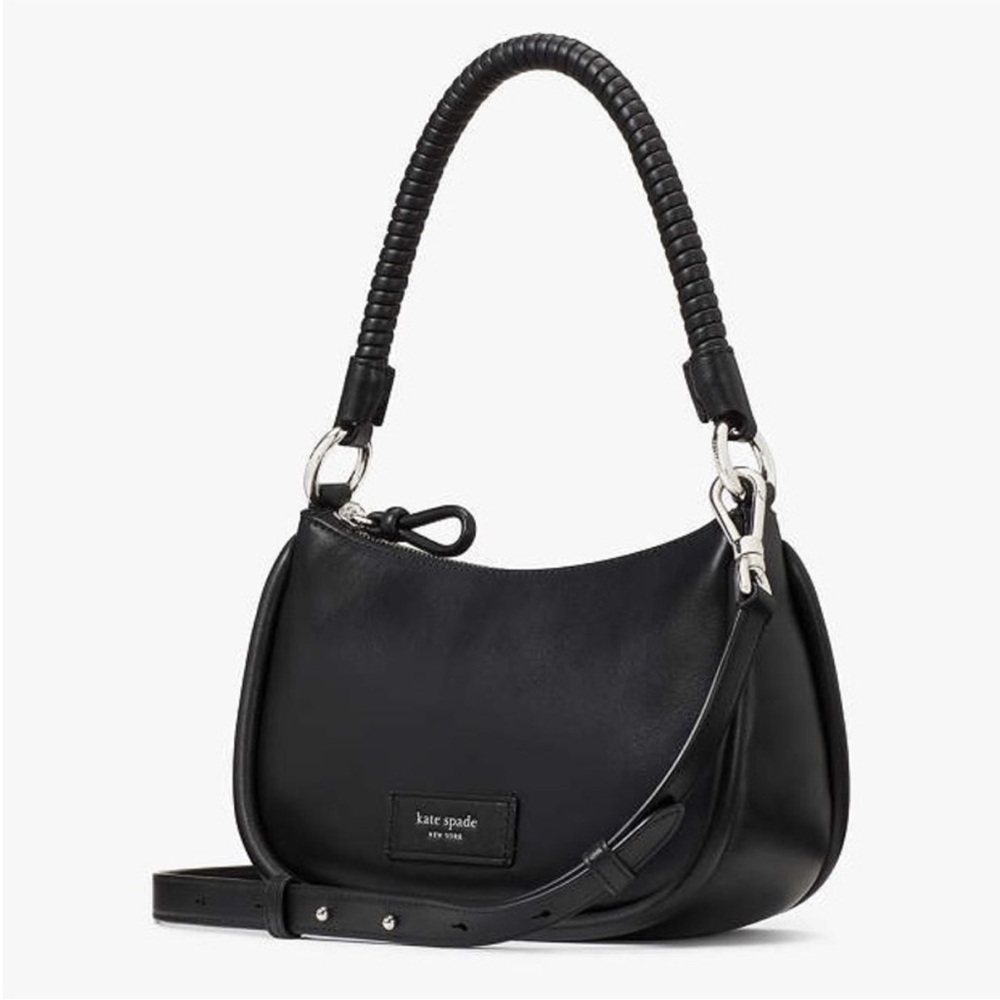Kate Spade New York black leather moon braided top handle Black Shoulder Bag - Picture 2 of 5
